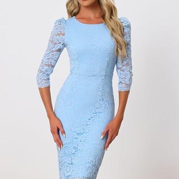 Elegant Lace Midi Dress with Puff Sleeves - Light Blue | Allegra K | Small - Picture 14 of 14